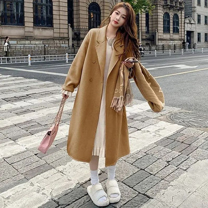 2024 New Winter Lady Lazy Style Baggy Mid-Long Thermal Woolen Coat Female Korean Version Concise Designer Versatile Coat Jackets
