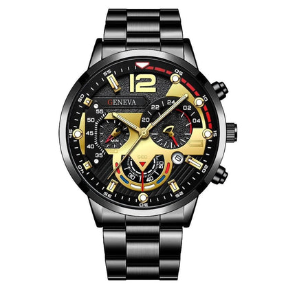 4pcs Luxury Men Business Quartz Watch Gold Alloy Roman with Calendar Wrist Watch Cross Necklace Bracelet Ring Set Men's Gift
