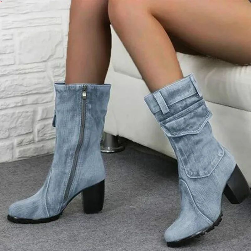 Cowboy Women's Boots 2024 Autumn and Winter New Pointed Denim Style Casual Temperament High Heels Single Shoes Zapatos De Mujer
