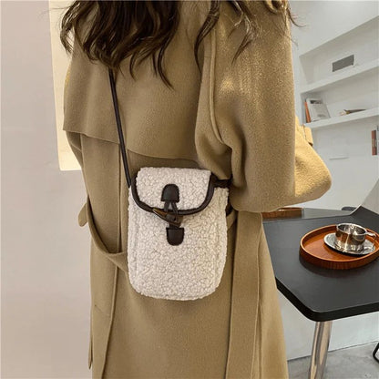 1 Pcs Women's Retro Lamb Fleece Bag Color Blocking Minimalist Mobile Phone Bag Single Shoulder Crossbody Small Bag