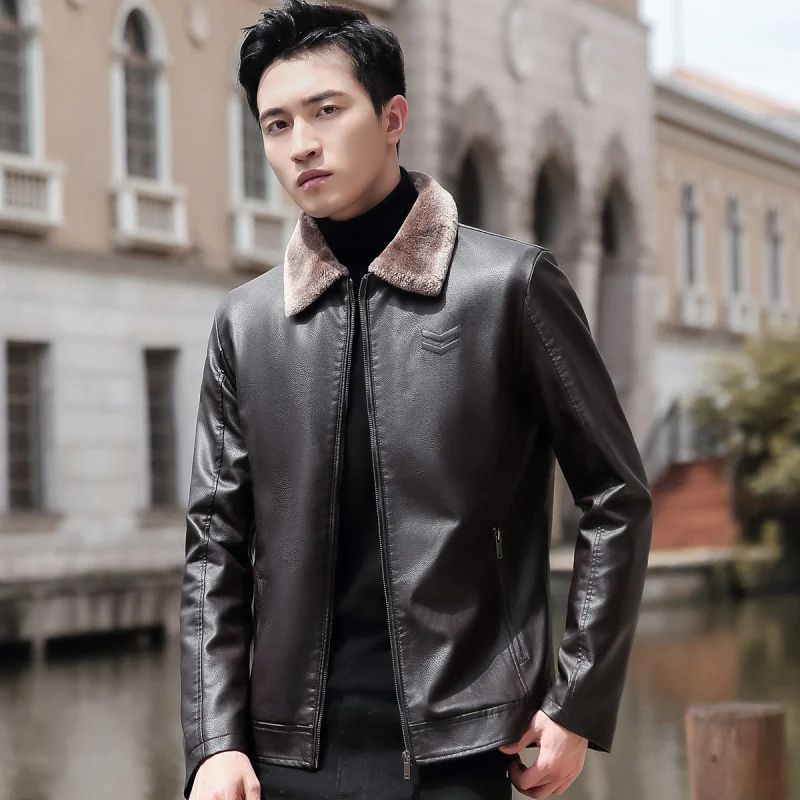 Trend Korean Slim Fit Casual Men's Leather Jacket Leather Jacket Busines Men's Fur Collar High Quality Fashion Motorcycle Jacket