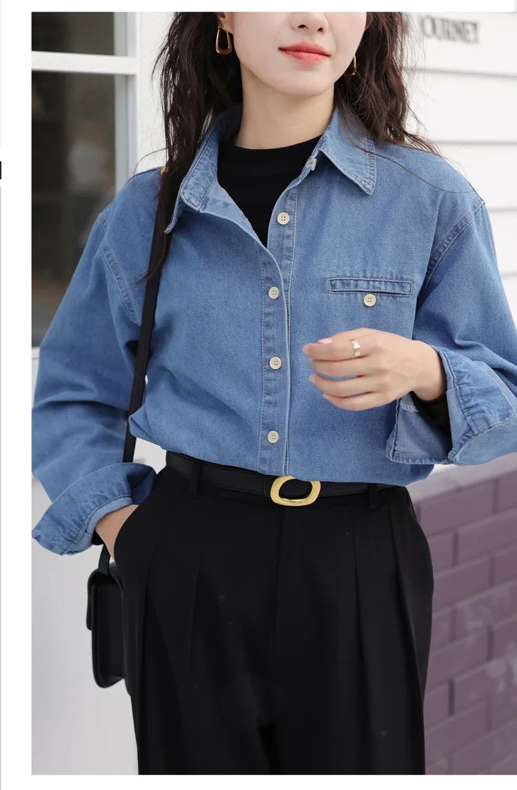 2024 New Vintage Loose-Fit Denim Shirt Women's Petite Top Commuter Jacket Fashionable Through-The-Year Style