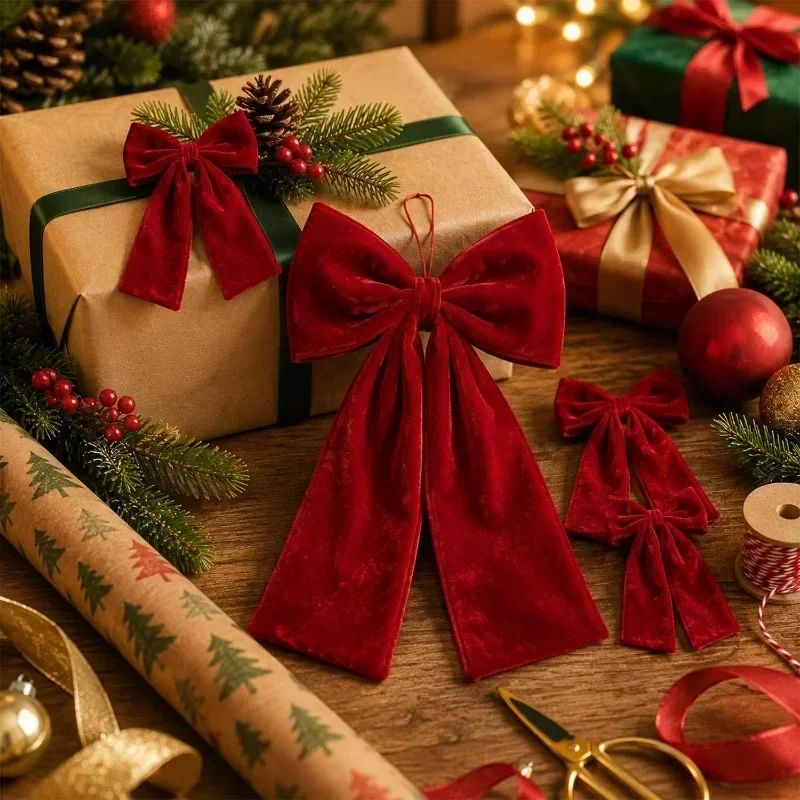 Large Size Bowknot Pendant Hanging Xmas Ornament DIY Home Party Christmas Tree Decorations Velvet Bow Burgundy Style Supplies