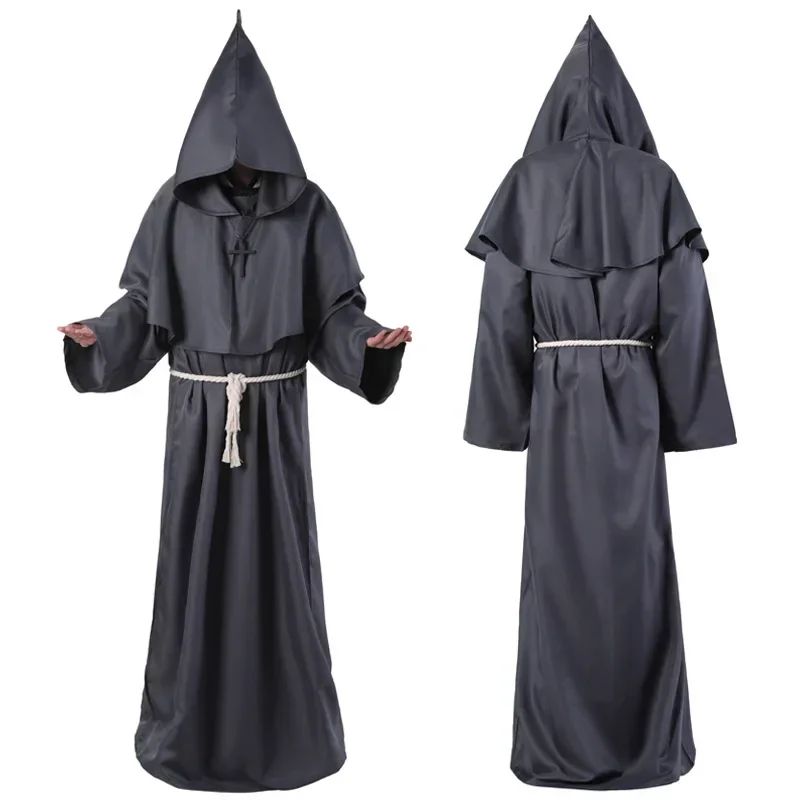 Retro Priest Robe Halloween Cosplay Costume Wizard Fancy Punk Cloak Mask Medieval Monk Robe Hooded Monk Cowl