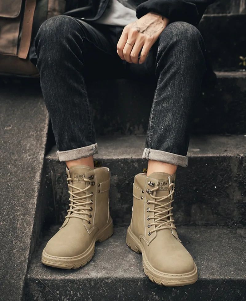 High Top Men's Shoes for Spring and Autumn, New Anti Slip and Waterproof Desert Boots Outdoor Zipper Hiking Shoes Work Boots