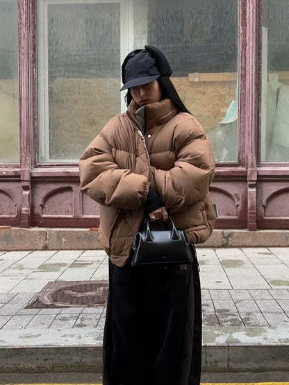 Detachable Hooded Padded Jackets Women's Loose Full Sleeves Zipper Pockets Stand Collar Coats 2025 Autumn Winter Female Outwear