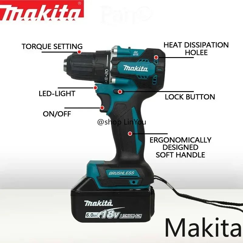 Parafusadeira de impacto recarregável Makita DDF487 10mm sem escova 18V de lítio, parafusadeira elétrica de alto torque para uso doméstico