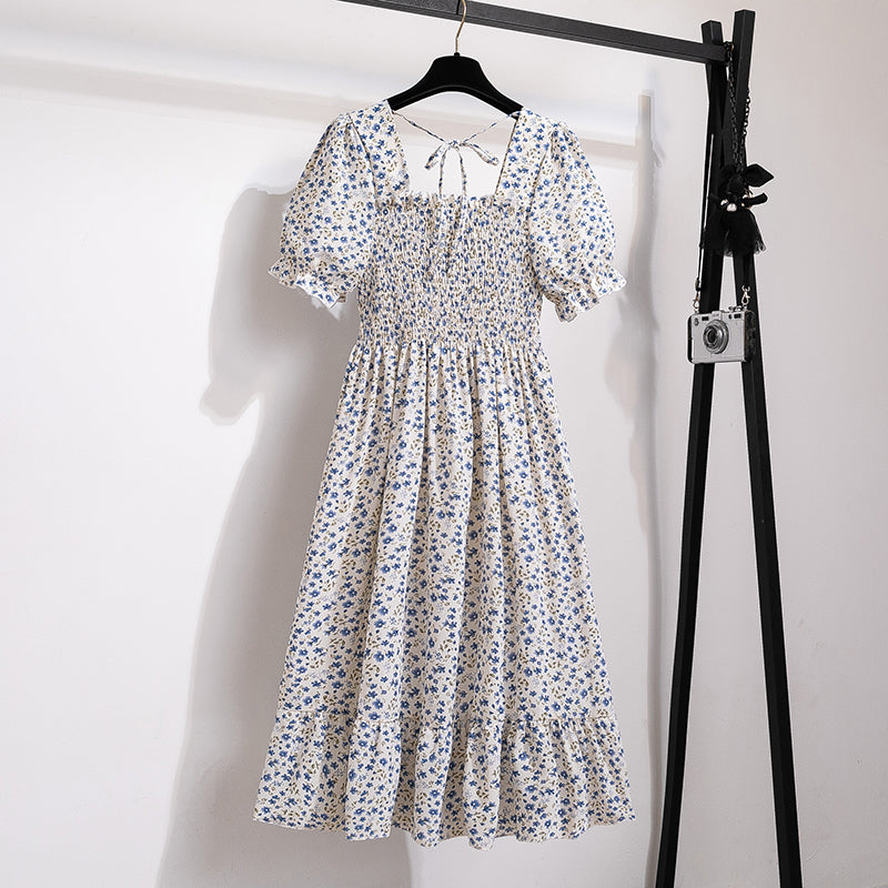 Summer Pleated Women Chiffon Dresses Casual Beach Holiday Short Sleeve Square Co
