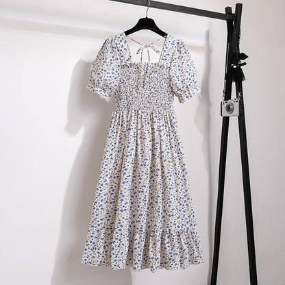Summer Pleated Women Chiffon Dresses Casual Beach Holiday Short Sleeve Square Co