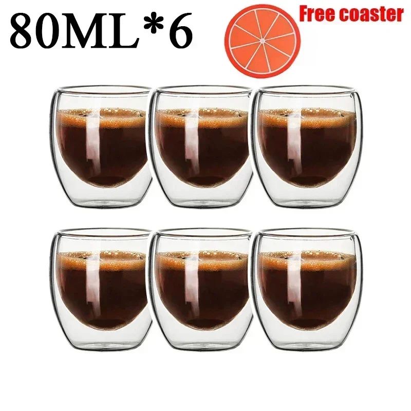 Caneca transparente de parede dupla 2-6 peças Copo de café e leite de vidro borossilicato alto resistente ao calor para casa e escritório