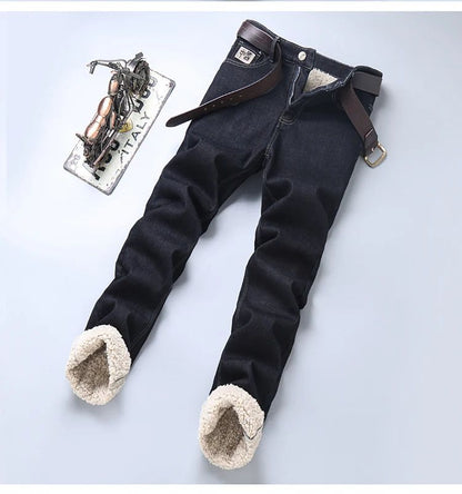 Calça Jeans Masculina de Lã Aveludada, Inverno, Forrada com Lã Grossa, Casual de Negócios, Reta, Jeans, Macia, Confortável, Térmica, Elástica, Calças Masculinas