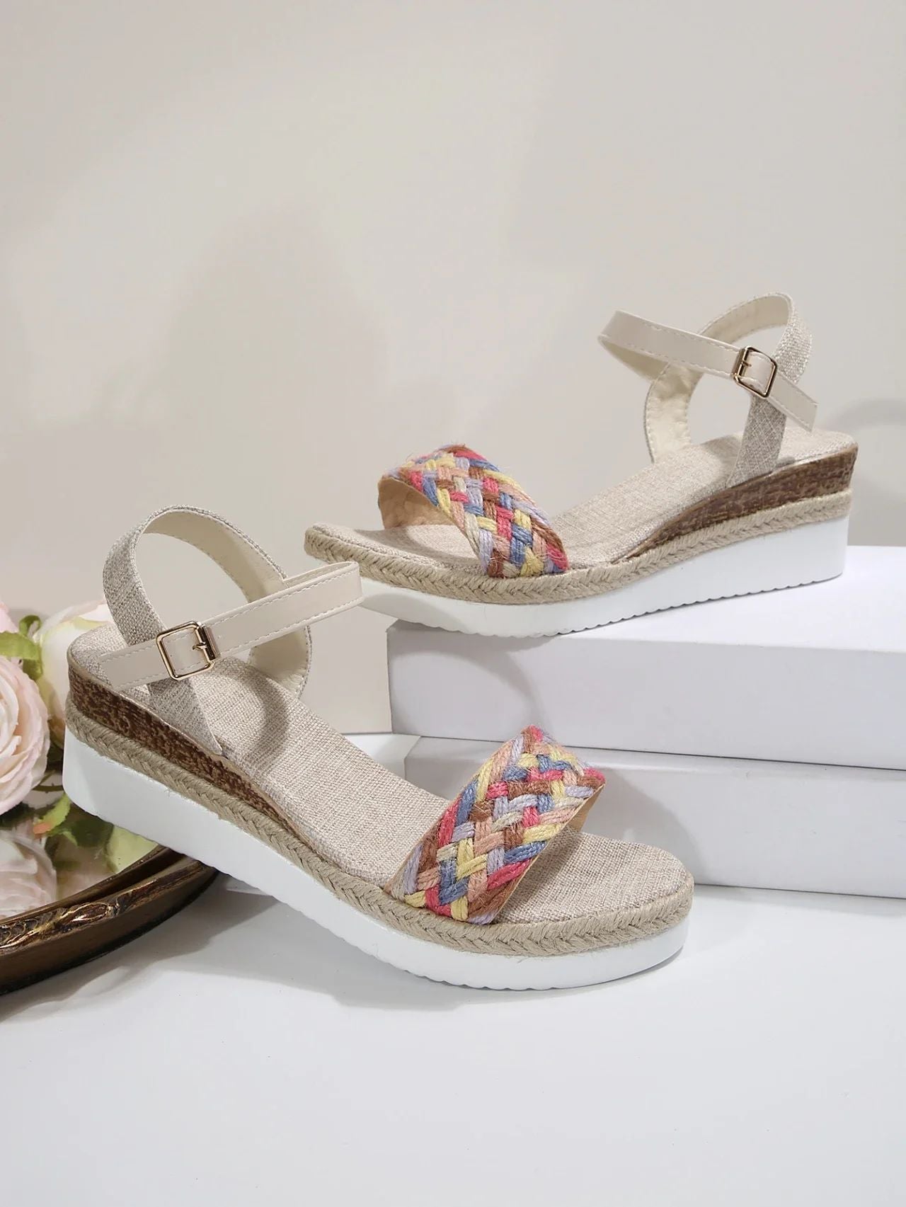 Summer Women's High Heel Sandals Heel Large Size Colorful Braided Rope Sandalias De Mujer Outdoor Versatile Zapatillas De Mujer