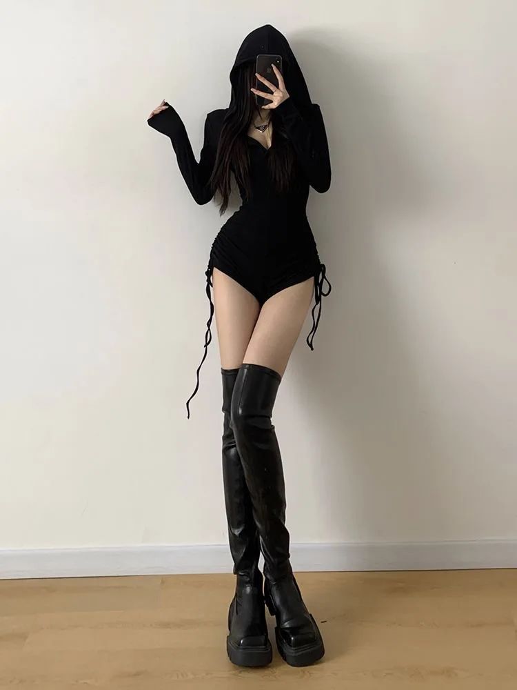 American Style Casual Hooded Jumpsuit Women's Slimming Fitness Clothes Tight High Waist Long Sleeve Yoga One-Piece Suit