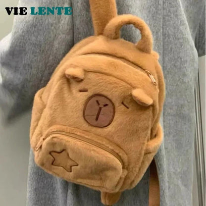 Mochila de Pelúcia Capivara Capibala para Estudantes, Mochila Casual de Pelo, Bolsa Escolar de Grande Capacidade