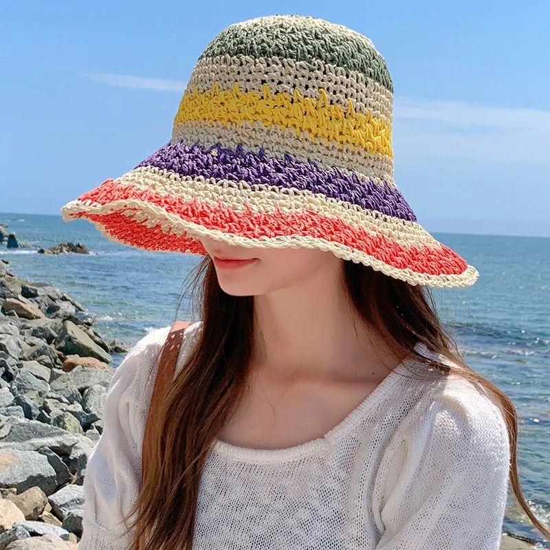 Rainbow Straw Hat Woman Summer Sun Visor Handmade Crochet Big Brim Bucket Hat Ladies Beach Sun Cap Boho Lady Girls Fashion Caps