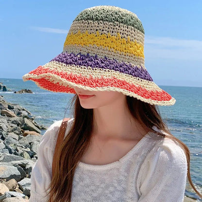 Rainbow Straw Hat Woman Summer Sun Visor Handmade Crochet Big Brim Bucket Hat Ladies Beach Sun Cap Boho Lady Girls Fashion Caps