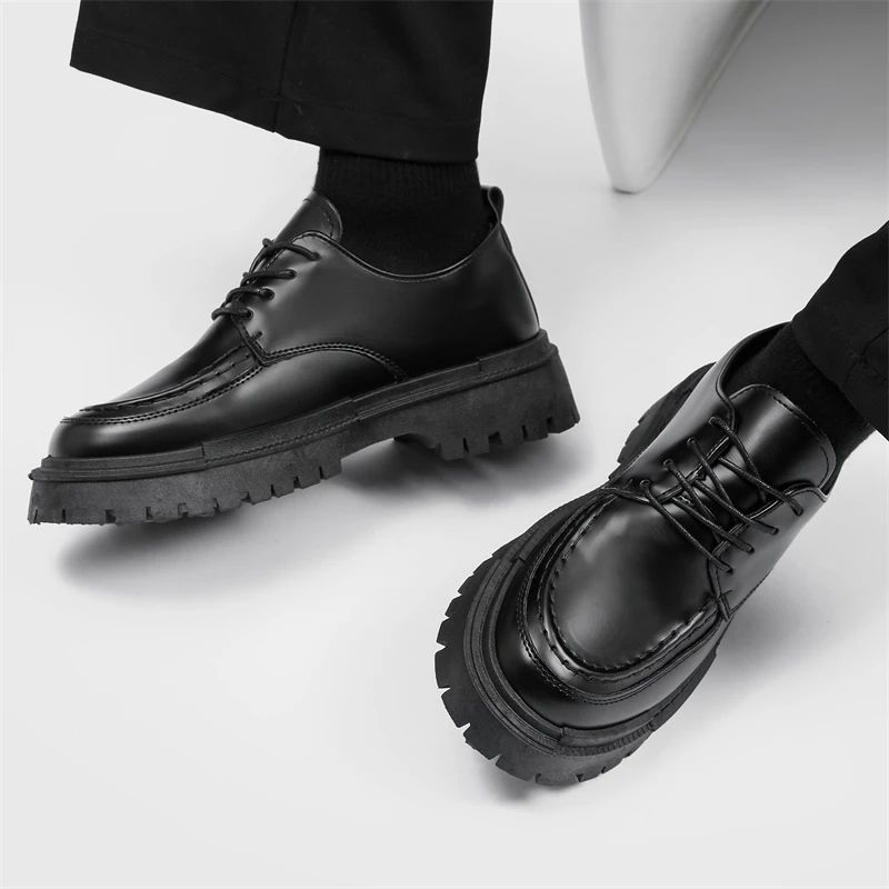 Fashion Thick Sole Leather Men Casual Shoes Classic Formal Business Men Dress Shoes Breathable Lace-Up Handmade Shoes Moccasins