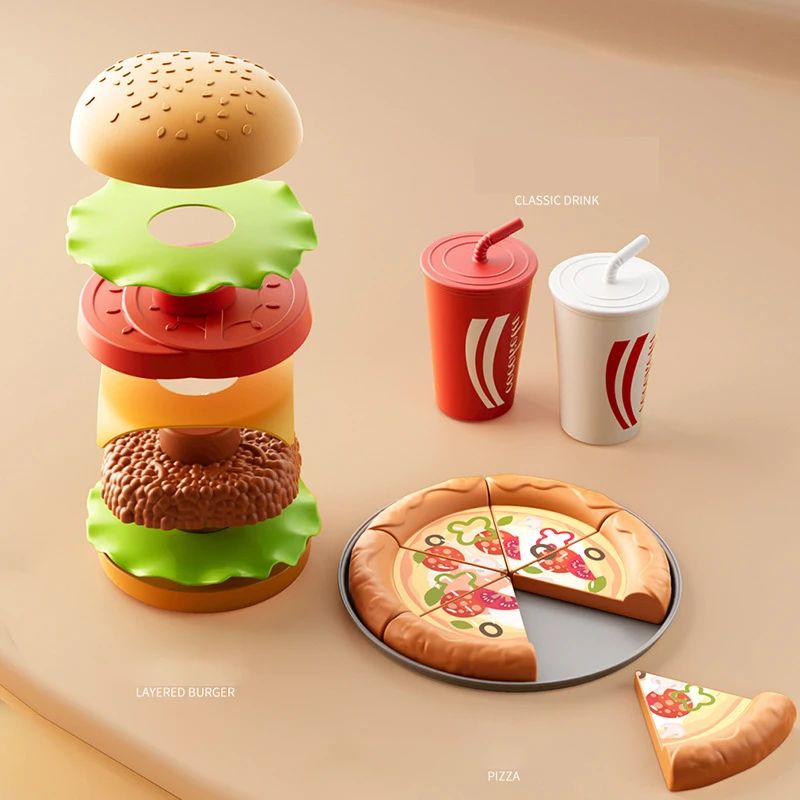 Conjunto de Brinquedos de Cozinha Infantil Simulação de Hambúrguer Pizza Batata Frita Brinquedo de Faz de Conta Comida Cozinha Jogo de Cortar Brinquedo Interativo Montessori Presente