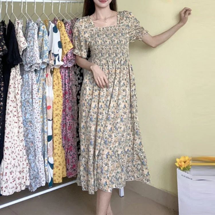 Spring Summer Elastic Waist Chiffon Dress Women Casual Dresses Fashion Female  Vestidos Short Sleeve Pleated A-line Dresses