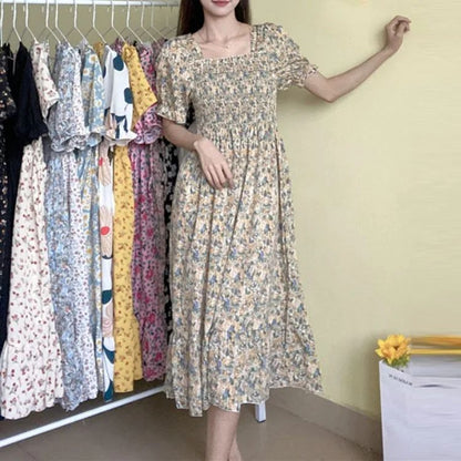 Spring Summer Elastic Waist Chiffon Dress Women Casual Dresses Fashion Female  Vestidos Short Sleeve Pleated A-line Dresses