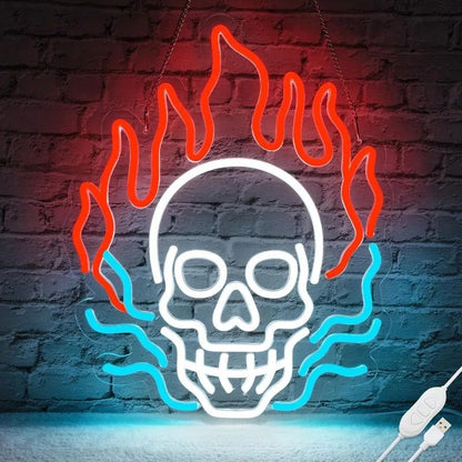 Paredes de Neon Chama de Crânio Decoradas com LEDs de Halloween Reguláveis, Alimentadas por USB, Decorações de Festa de Halloween para Caverna Masculina, Bar, Clube, Sala de Jogos