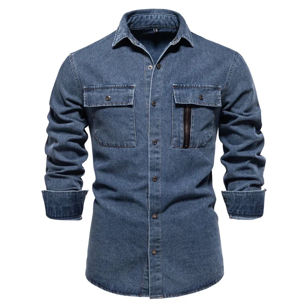 New Autumn 100% Cotton Men's Denim Shirts Solid Color Long Sleeve Cowboy Jean T-Shirt Coat Fashion Casual Fit Shirts for Men