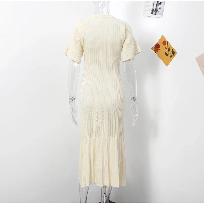 Elegant Knit Dress For Women White Slim O-neck Single Breasted Short Sleeve Long