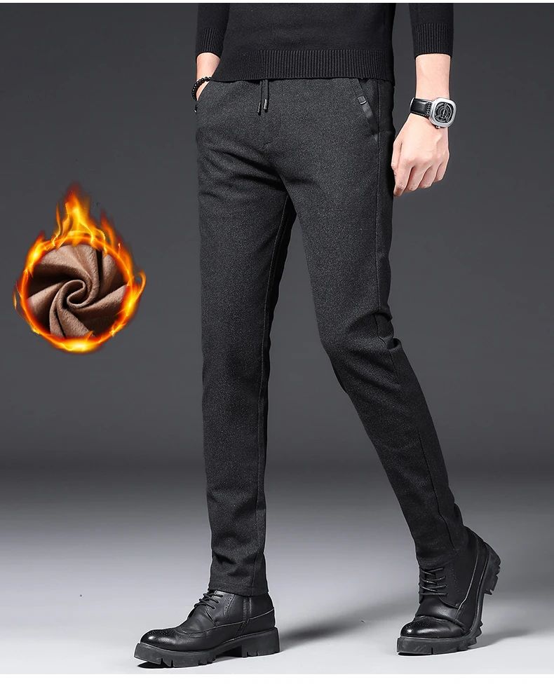 Winter Plush Trousers Men Business Fleece Pants Fashion Warm Drawstring Velvet Thick Casual Stretch Male Clothes 28-29