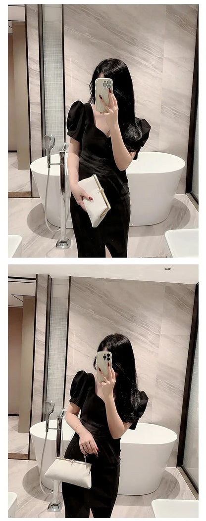 Women Retro Black Velvet Evening Clutch Bag Glitter Rhinestone Buckle Banquet Party Ladies Handbag Purse with Chain