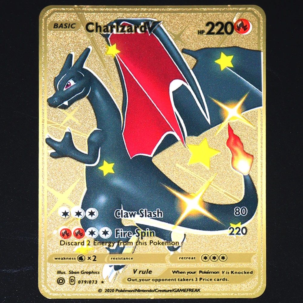 Pokémon 183200 Pontos Alto HP Cartas de Metal Douradas Pretas Inglês Francês Vmax Mega GX Coleção de Cards Charizard Pikachu Mewtwo