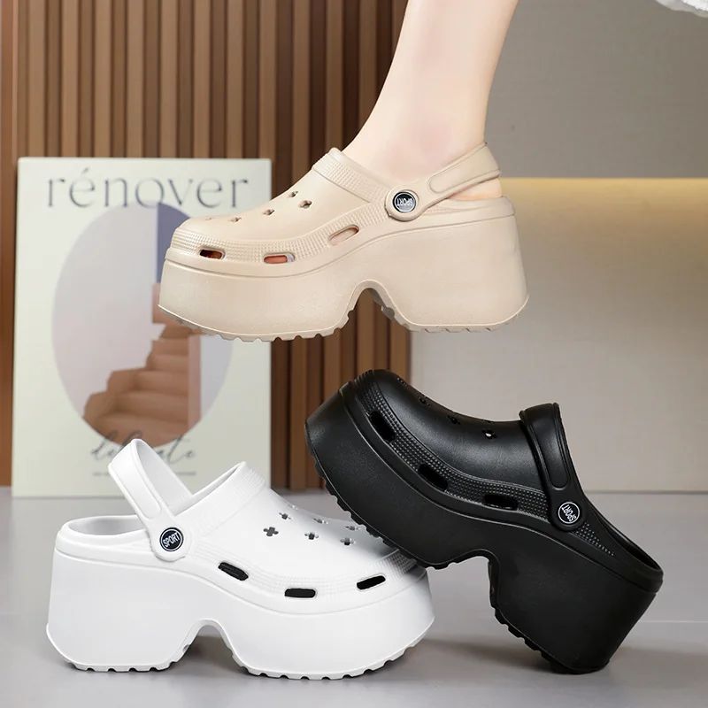 9CM Thick Women's Sandals Shoes Summer Slippers High Heel Soft Sole Beach Garden Shoes Outdoor Waterproof Women's Hole Shoes