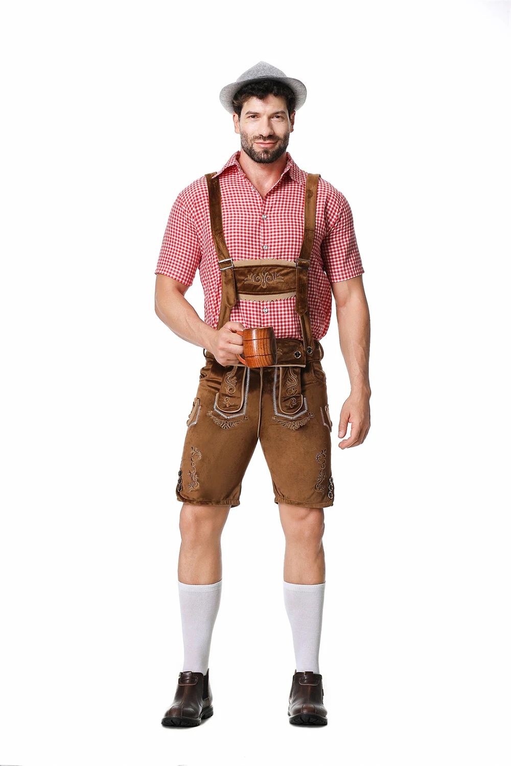 Bavarian Octoberfest German Beer Costume Male Oktoberfest Lederhosen Costume Beer Shirt Suspender Shorts Hat Cosplay Costumes