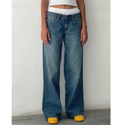 High Waist Straight Leg Women's Jeans Retro American Washed Denim Pants Autumn Street Style Wide Leg Trousers for Women