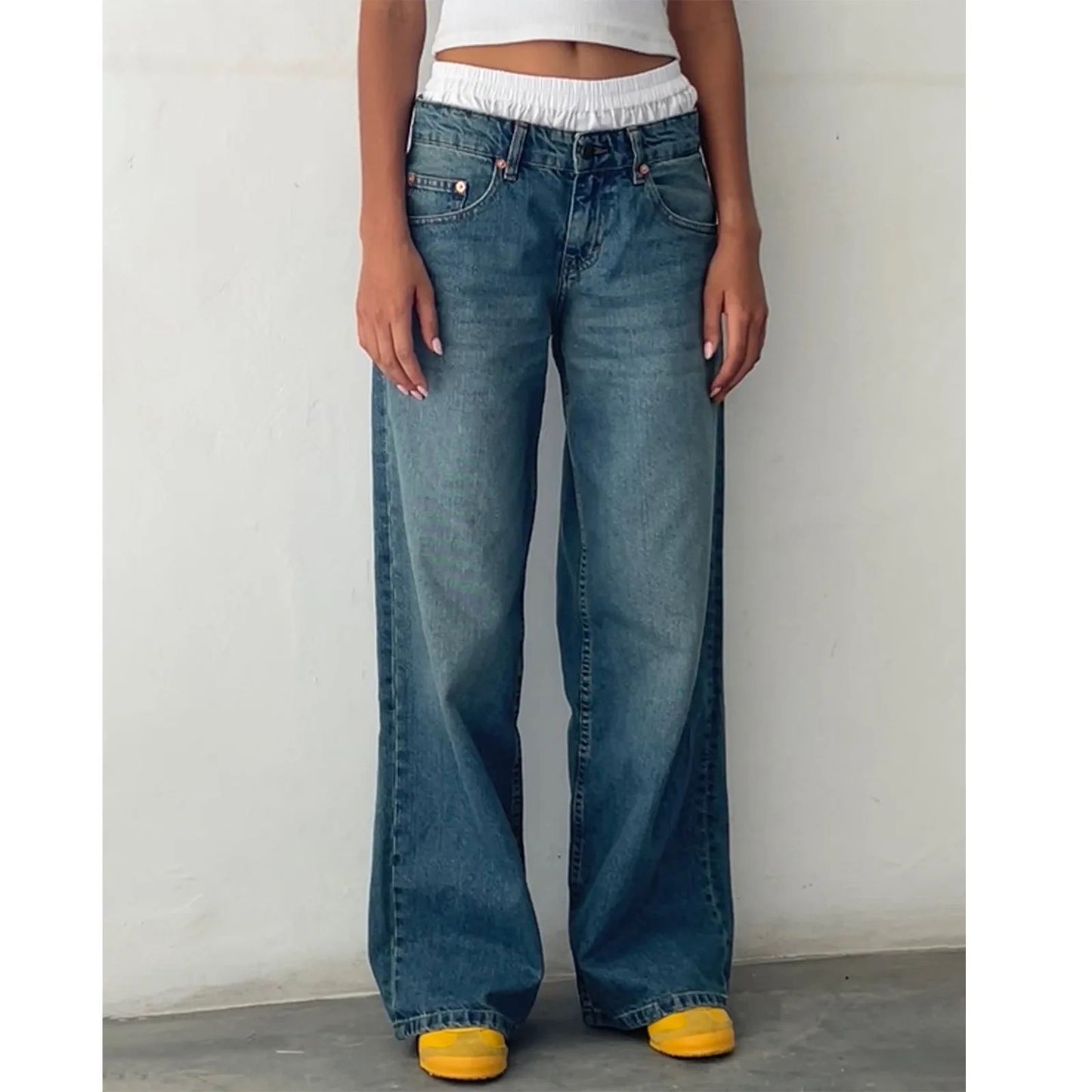 High Waist Straight Leg Women's Jeans Retro American Washed Denim Pants Autumn Street Style Wide Leg Trousers for Women
