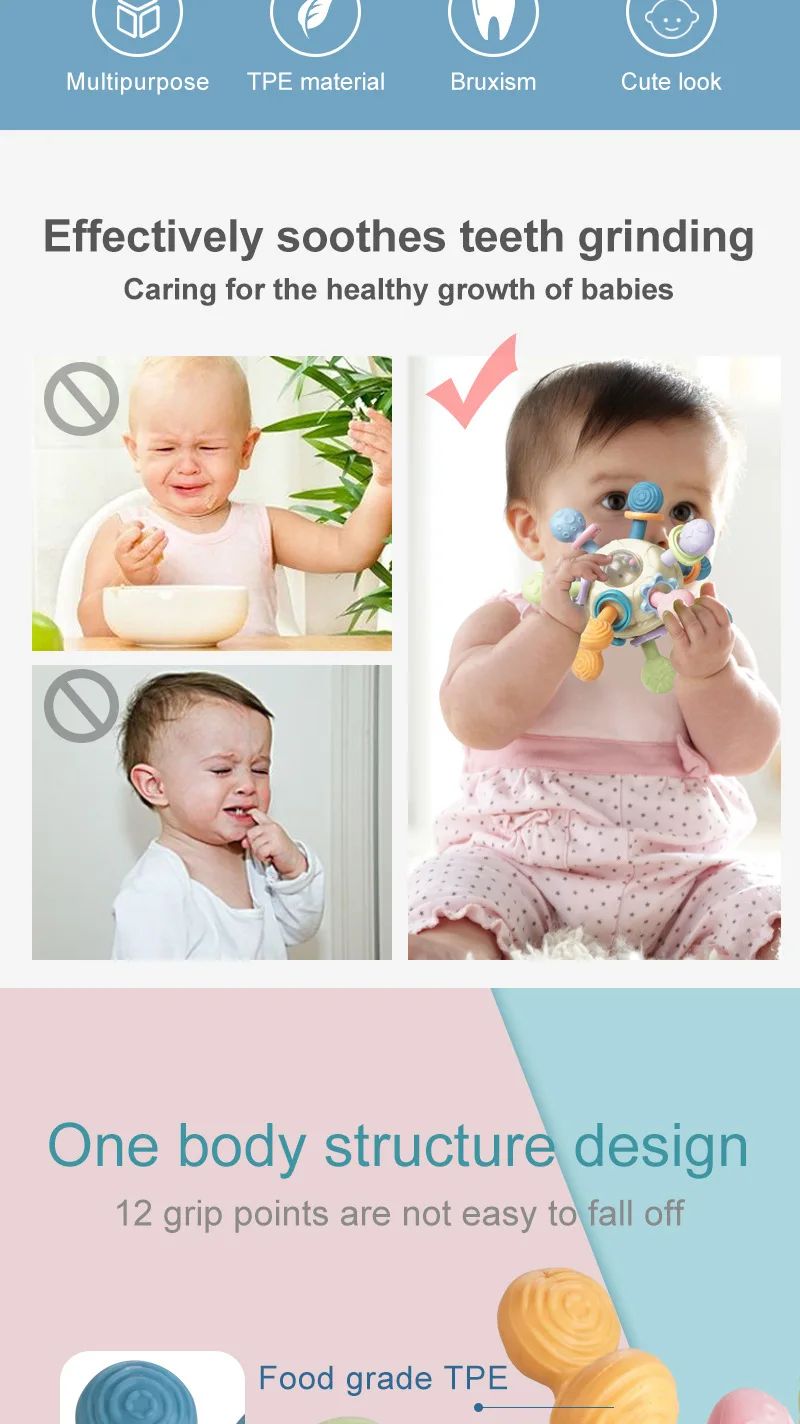 Silicone Teether Baby Toys 0 12 Months Rotating Rattle Ball Grasping Activity Baby Development Toy Baby Sensory Toys for Babies