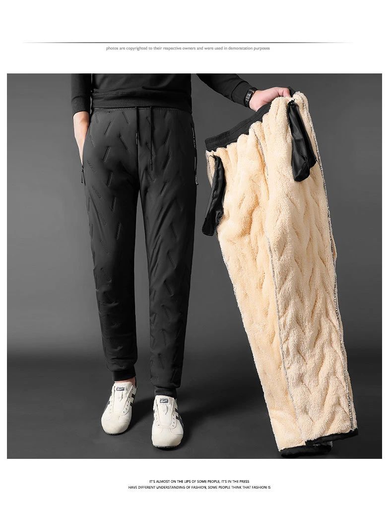 Calça Moletom Masculina Jogger Impermeável Forrada de Lã Grossa Calças de Treino Esportivas Quentes de Inverno com Zíper e Bolsos