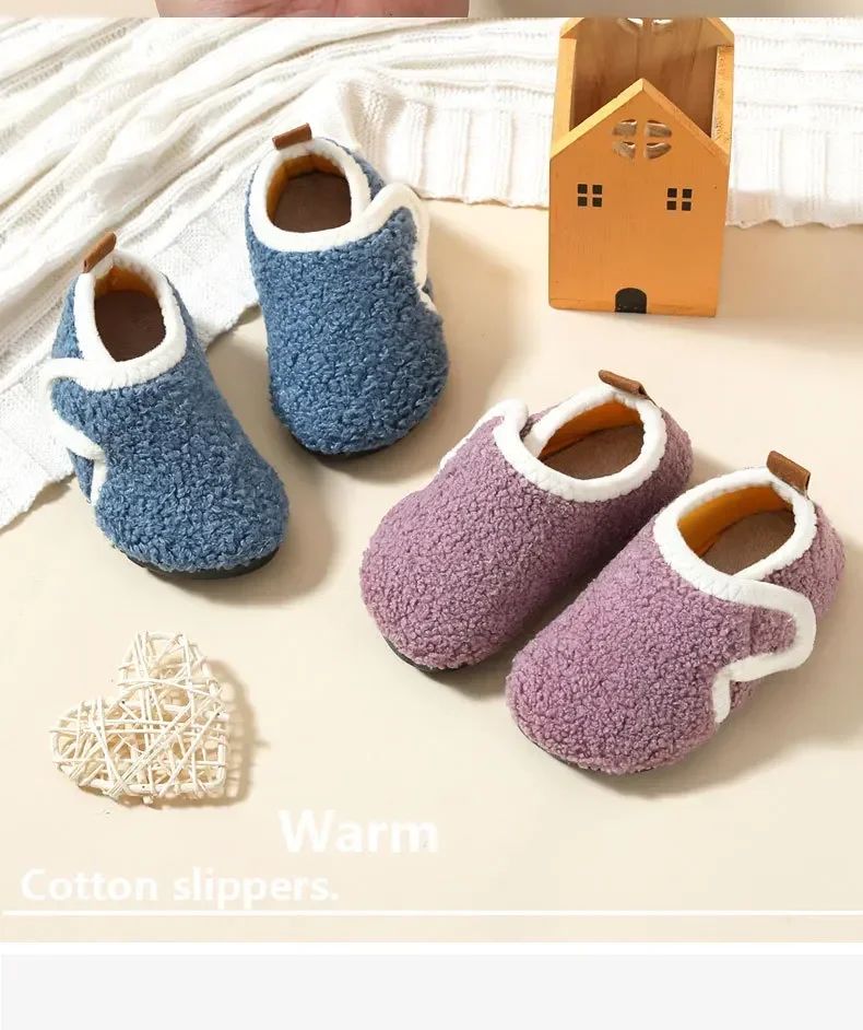 Pantuflas Child Cotton Slippers Solid Warm Kid Winter Home Shoe Boy Girl Plush Floor Shoe Indoor Soft Sole Anti-slip Cotton Shoe