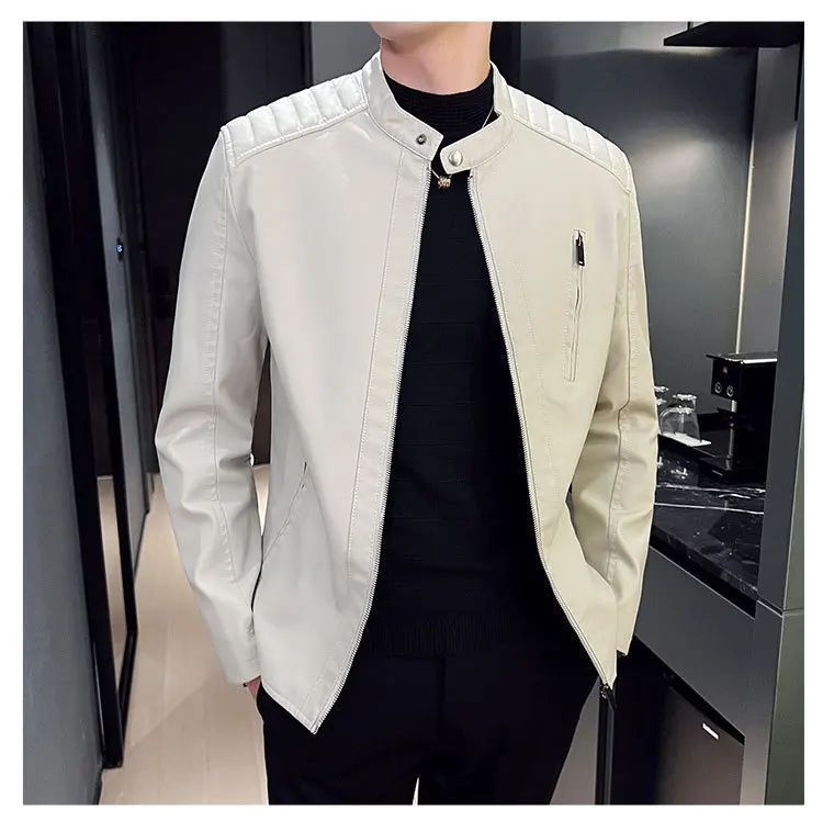 Spring and Autumn Men's Motorcycle Leather Jacket Casual Stand Collar Solid Color White Black Leather Jacket Zip Up PU Coat