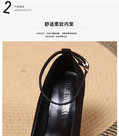 Large Size 42 Sexy Super High Heels Shoes for Women Ankle Buckle Chunky Platform Pumps Woman Black Flock Square Heel Party Shoes