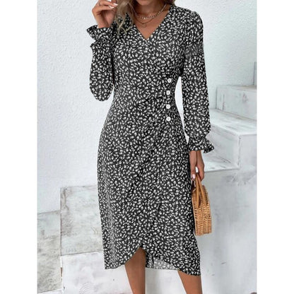 Elegant Floral Pleated H shaped Midi Dress Female V Neck Puff Sleeve Waist Ruche