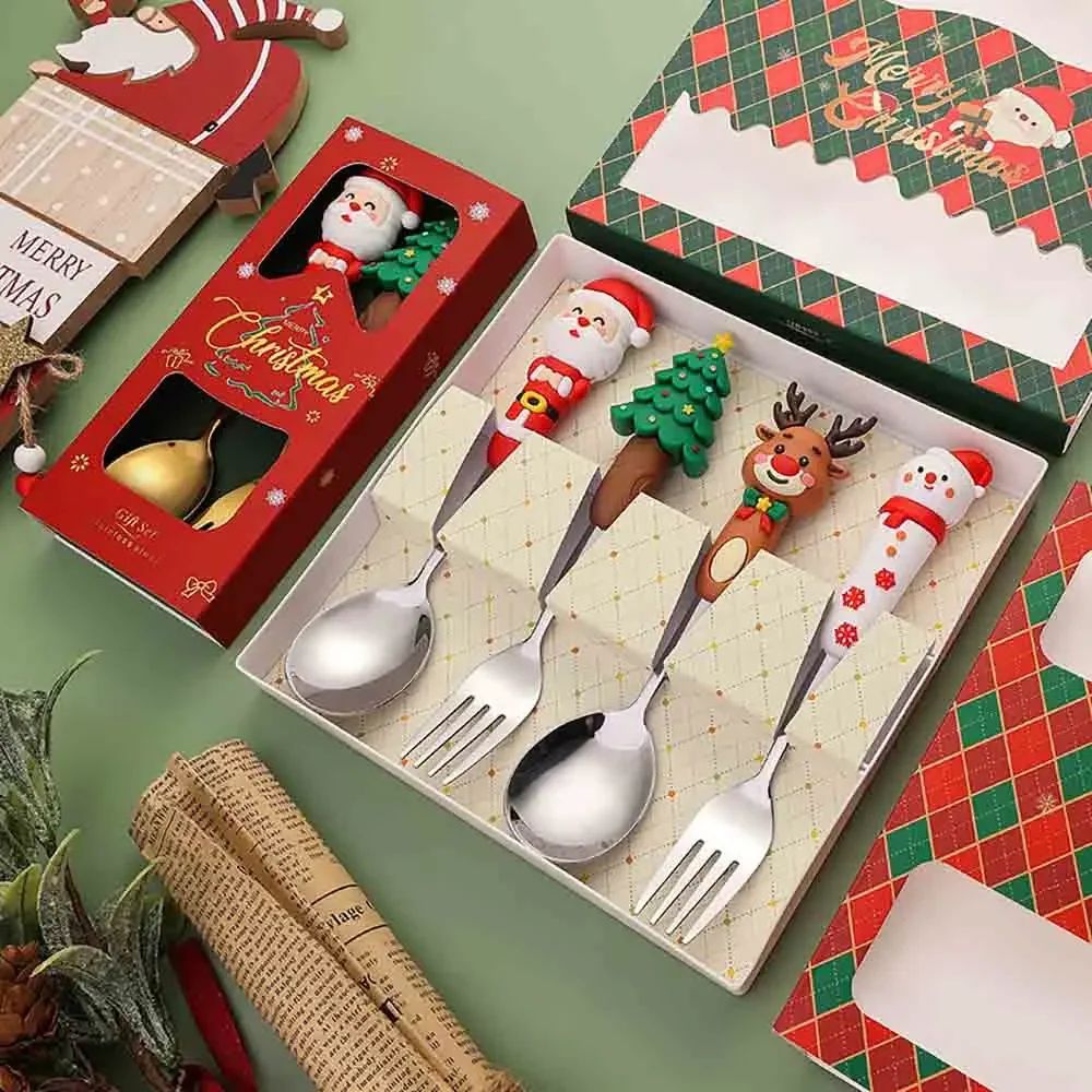4PCS Christmas Cutlery Set Playful Silver Spoon and Fork Combination Reindeer and Christmas Tree Decorative Cutlery Gift Box