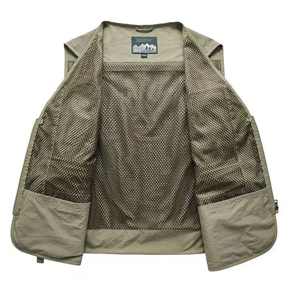 Colete Masculino de Malha com Vários Bolsos Secagem Rápida Sem Mangas Jaqueta Repórter Solto Casual Fino para Pesca Colete Masculino