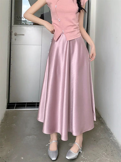 Plus Size Satin Half-Body Skirt Female 2026 Spring New Korean Fashion Temperament Elegant Solid Casual A-line Skirts