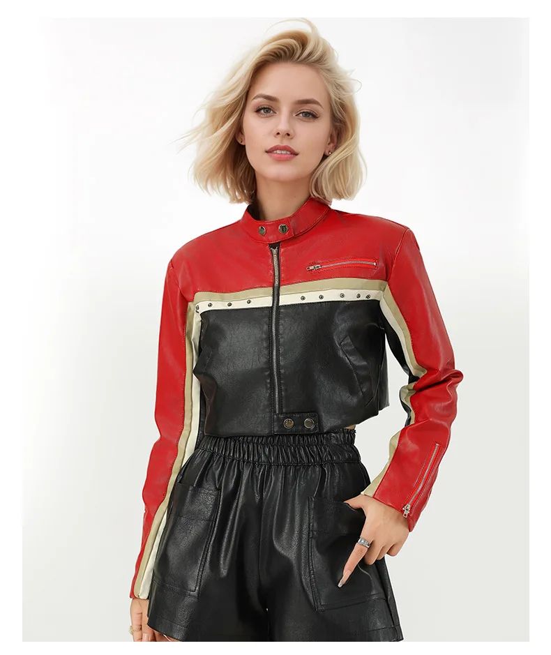 New Fall Women's Red Long-Sleeve Faux Leather Jacket, Short-Length Fashionable Biker PU Coat.