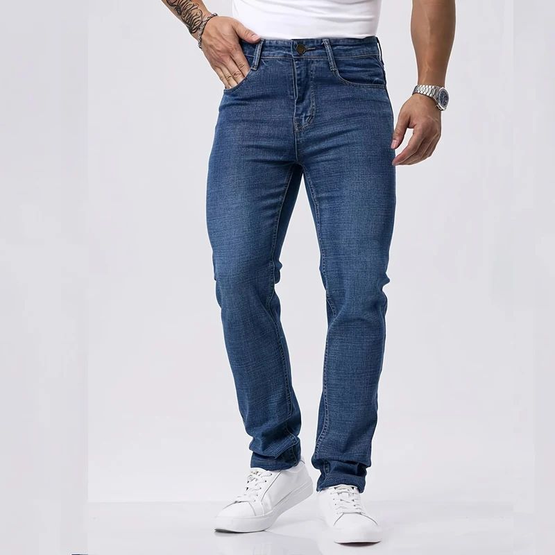 Spring Autumn Business Men Jeans Casual Straight Stretch Fashion Classic Black Sky Blue Grey Work Denim Trousers Brand Clothing