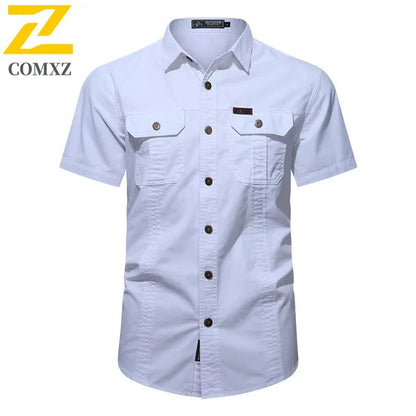 New Men's Work Shirt Casual Retro 100% Cotton Short Sleeve Flying Cargo Shirt Men's Summer Fishing Hunting Multi Pocket Shirt