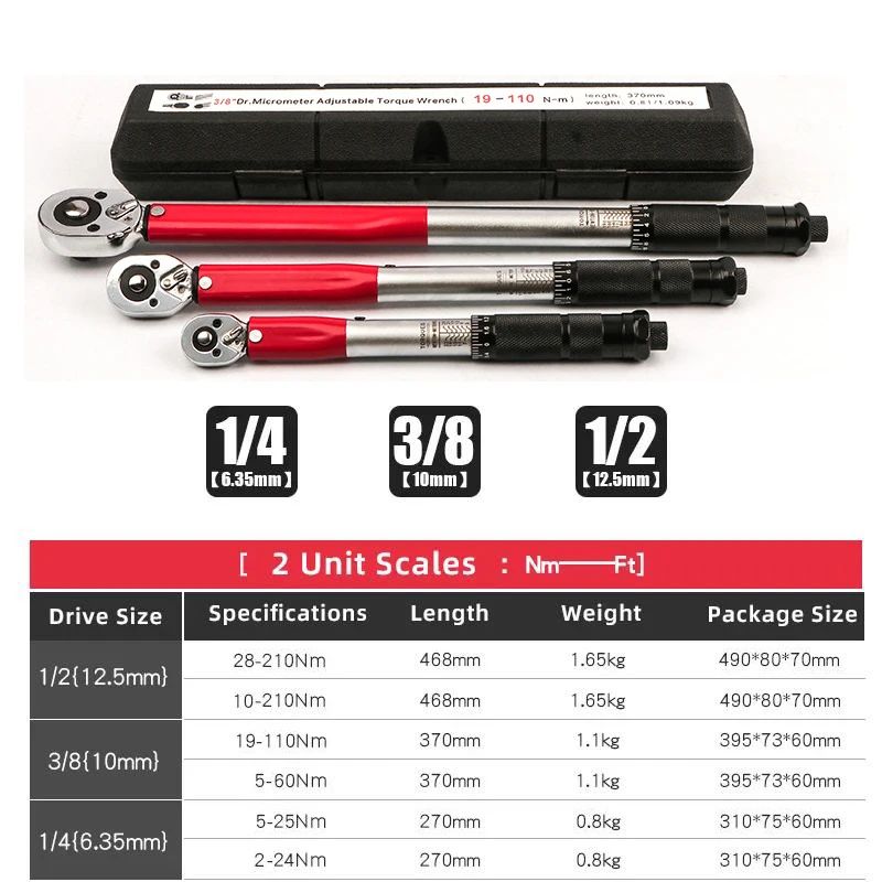 Chave de Torque 10-210N.m 1/2" com Catraca Reversível de Precisão Profissional para Bicicleta, Moto e Automóveis
