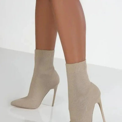 2024 Winter New Women's Boots Short High Heels Women Botas Mujer Knitted Knee-High Black Stretch Fabric Elegant Sock Boots