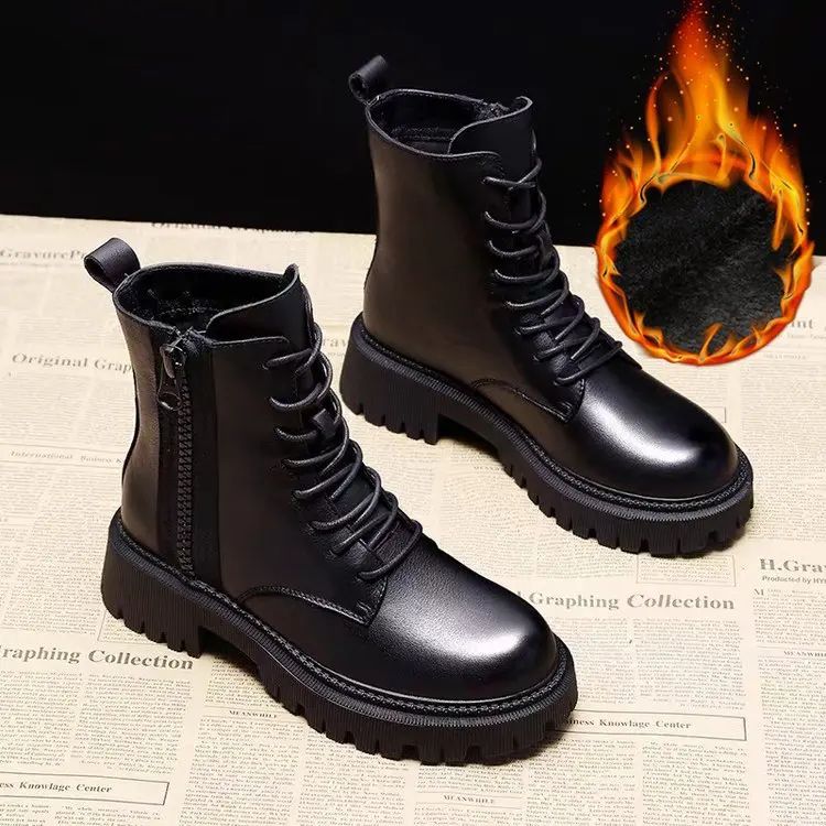 Autumn new mid length Boots Black anti slip trendy Footwear  Fashion laceup boots Ladies thick heeled casual shoes Botas Zapatos