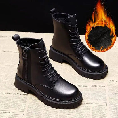 Autumn new mid length Boots Black anti slip trendy Footwear  Fashion laceup boots Ladies thick heeled casual shoes Botas Zapatos